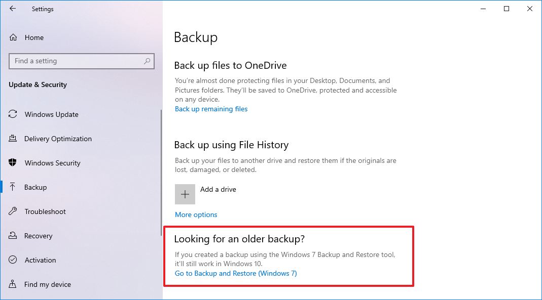 Windows 10 settings backup option