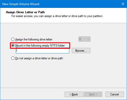 Disk Management mount in the following empty NTFS folder option
