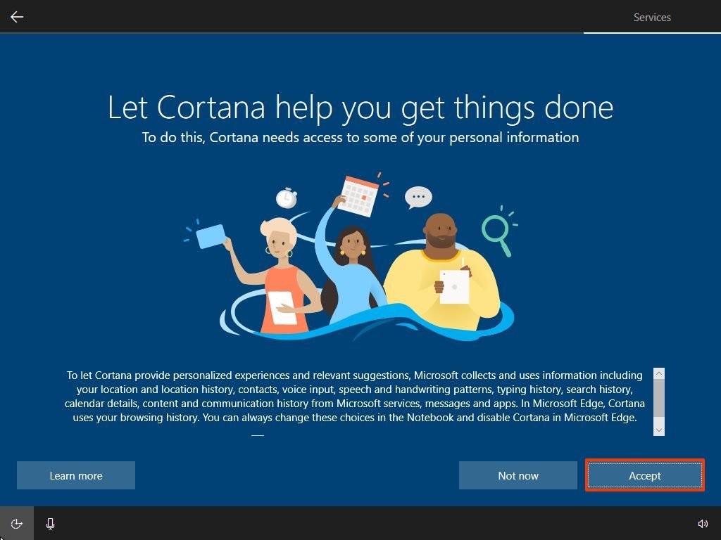 Windows 10 OOBE enable Cortana