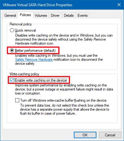 Enable disk write caching on Windows 10