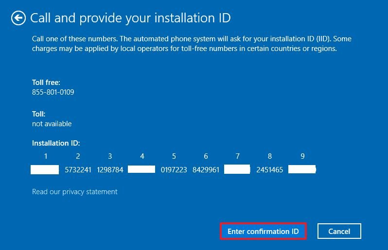 Windows 10 activation confirmation ID
