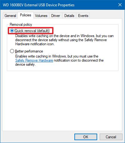 Enable Quick removal option on Windows 10