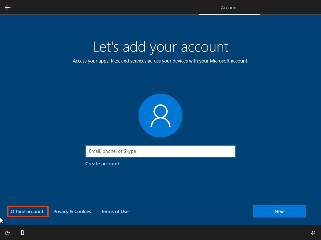 Windows 10 Pro OOBE local account option