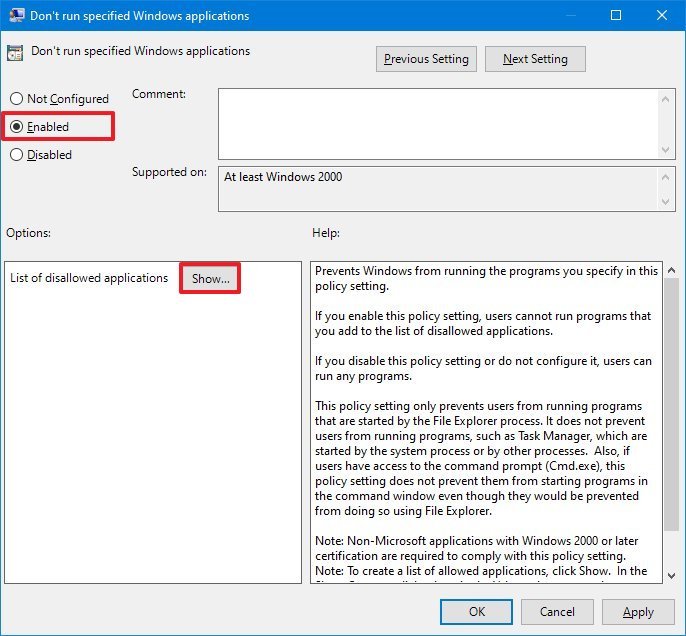  configurar Não execute a Política especificada de aplicativos do Windows 