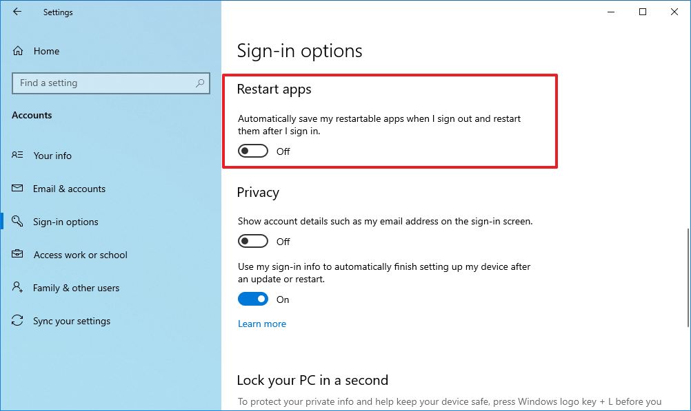 Windows 10 disable restart apps startup