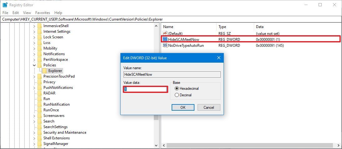 Registry disable Windows 10 Meet Now in Taskbar