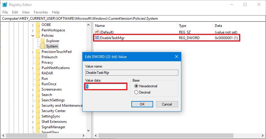 Windows 10 disable Task Manager with Registry