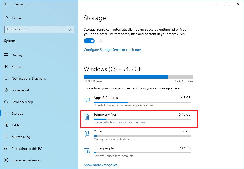 Windows 10 temporary files option