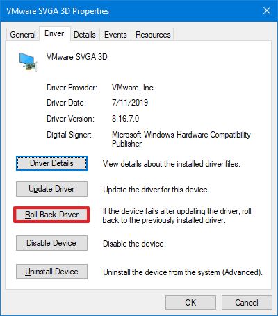Device Manager driver rollback option