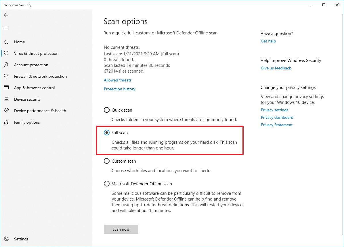 Microsoft Defender full scan speed up Windows 10