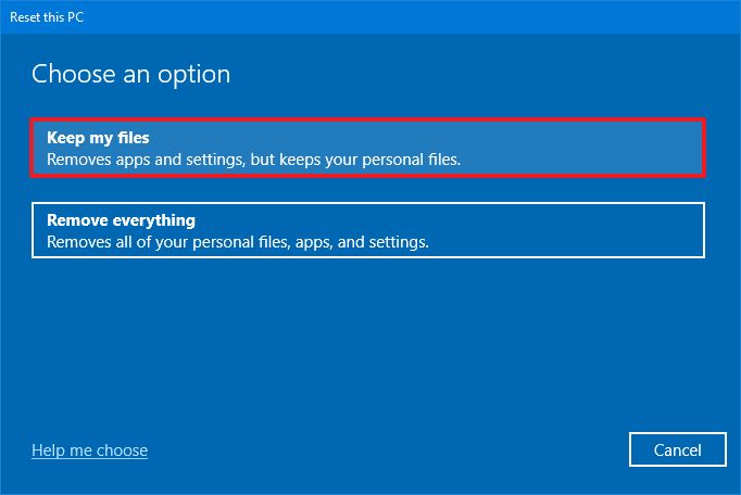 Windows 10 reset with keep files option