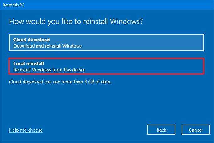 Reset this PC local reinstall option