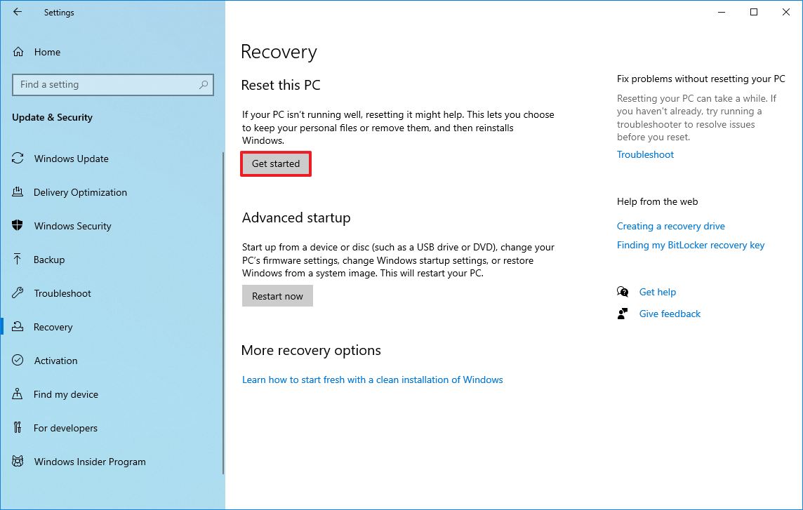Windows 10 reset this PC option