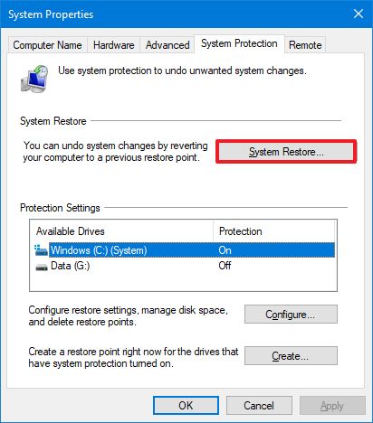 System Restore button