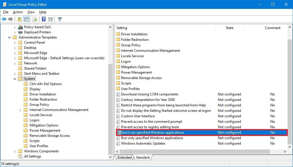 System Don't run specified Windows applications policy