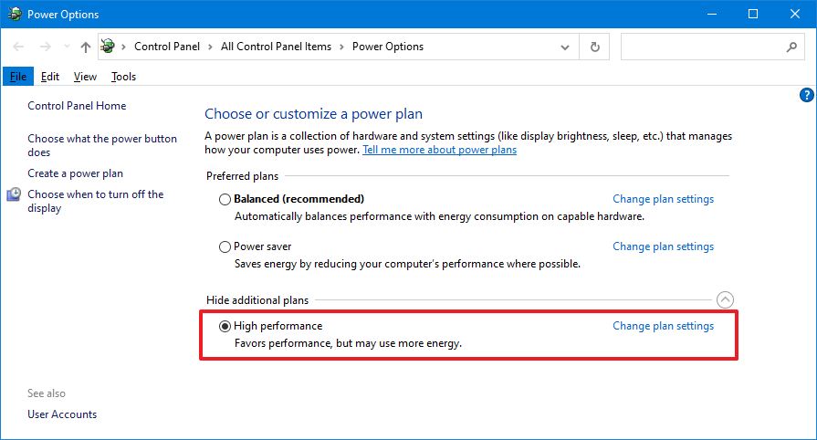 Windows 10 high performance power option
