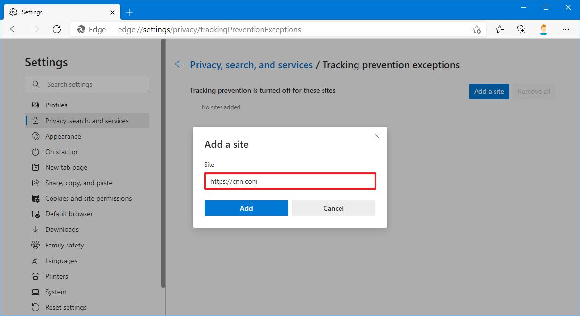 Add exception site to Tracking prevention