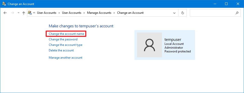 Windows 10 Control Panel change account name