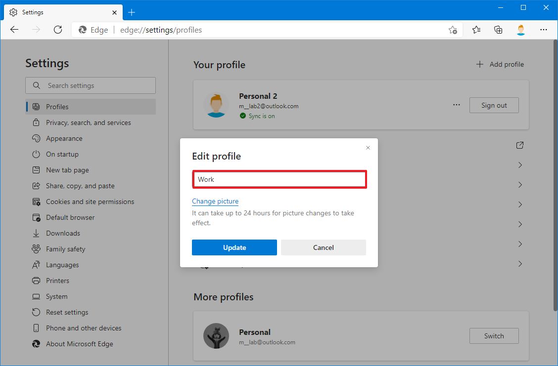 Microsoft Edge rename profile