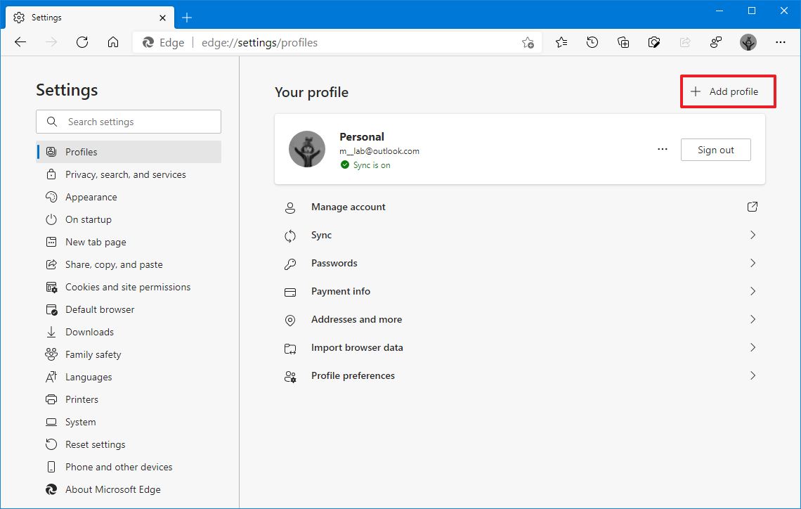 Microsoft Edge add profile option