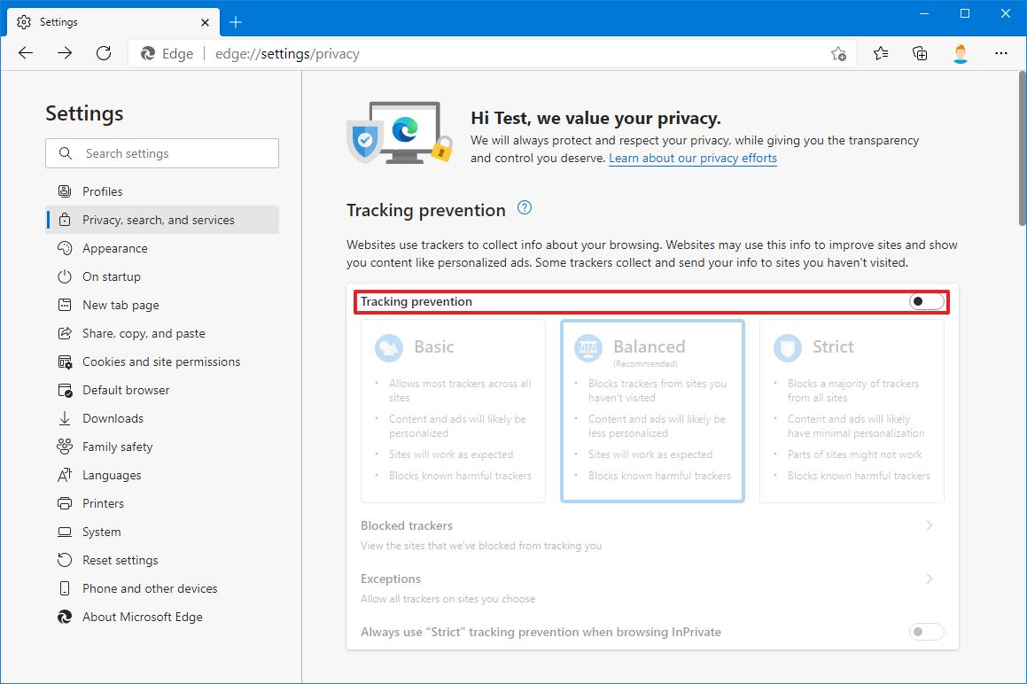 Microsoft Edge disable tracking prevention