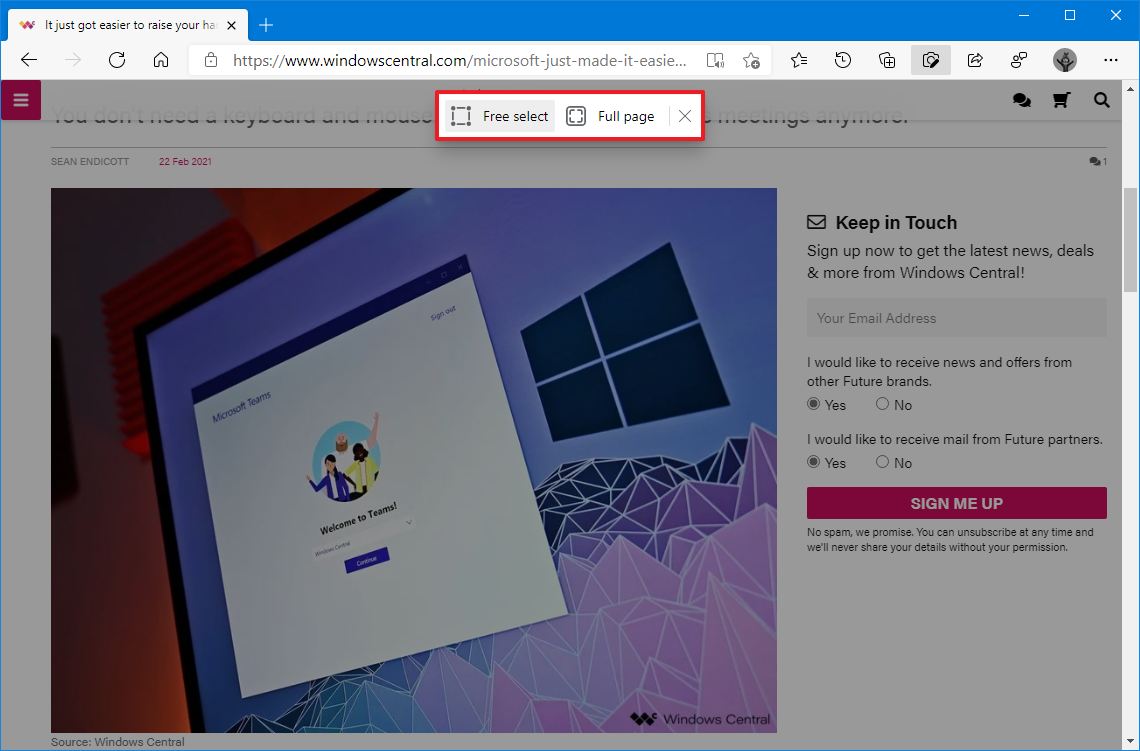 Microsoft Edge screenshot options
