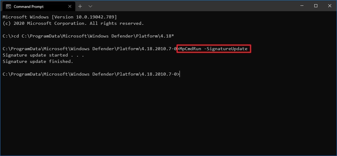 Microsoft Defender update command