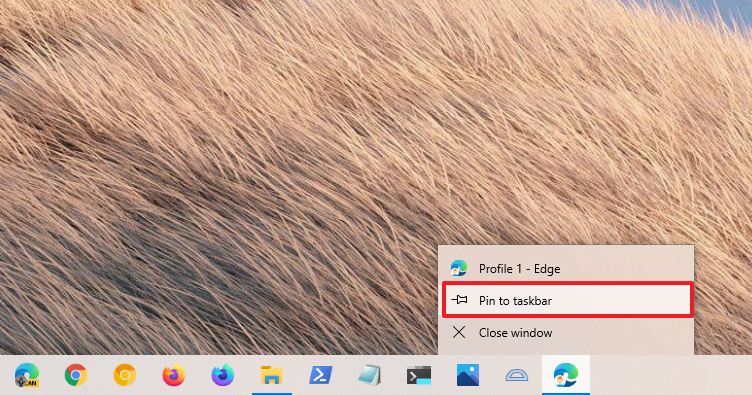 Pin Edge account to Windows 10 taskbar