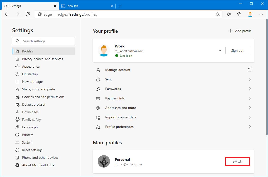 Microsoft Edge settings change profile 