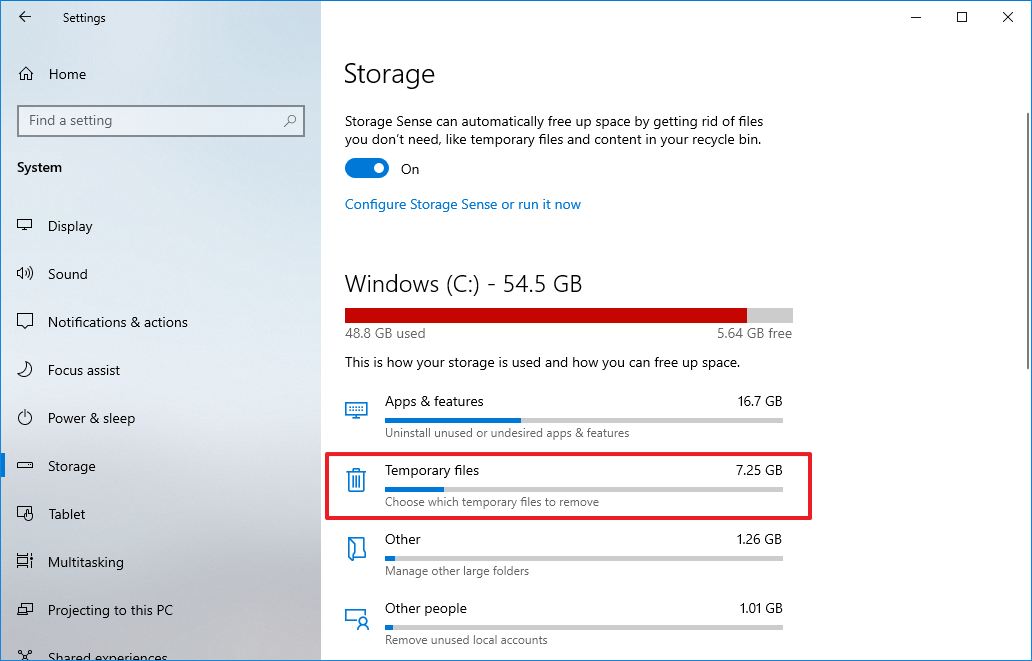 opção de arquivos temporários do Windows 10 