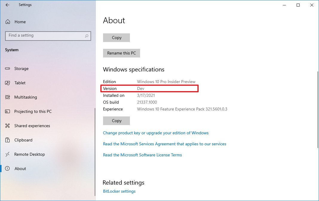 Windows 10 version Dev in About page