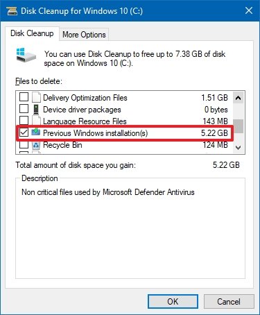 Delete previous version of Windows 10 with Disk Cleanup