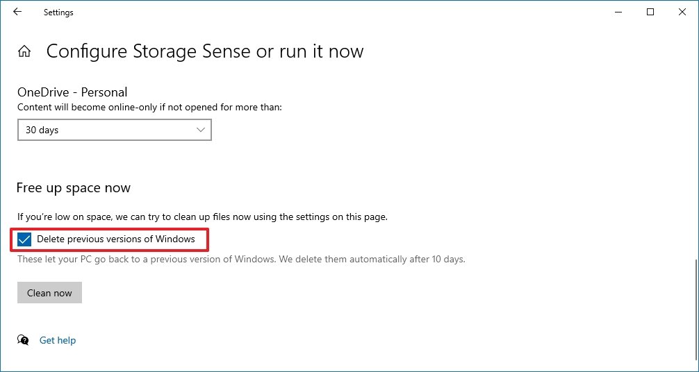 Delete previous version of Windows 10 free up space