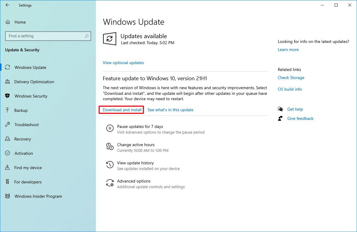 Windows 10 version 21H1 install