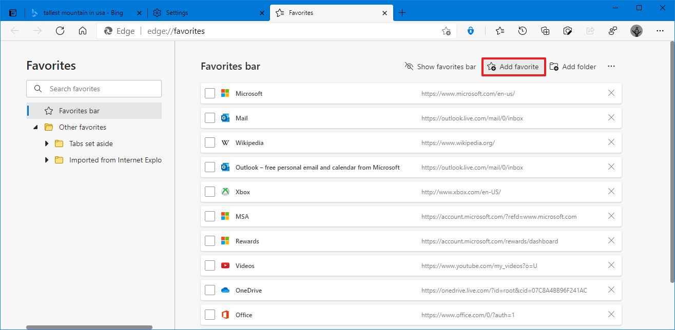 Microsoft Edge manage add favorites