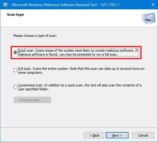 MSRT Scan Options on Windows 10
