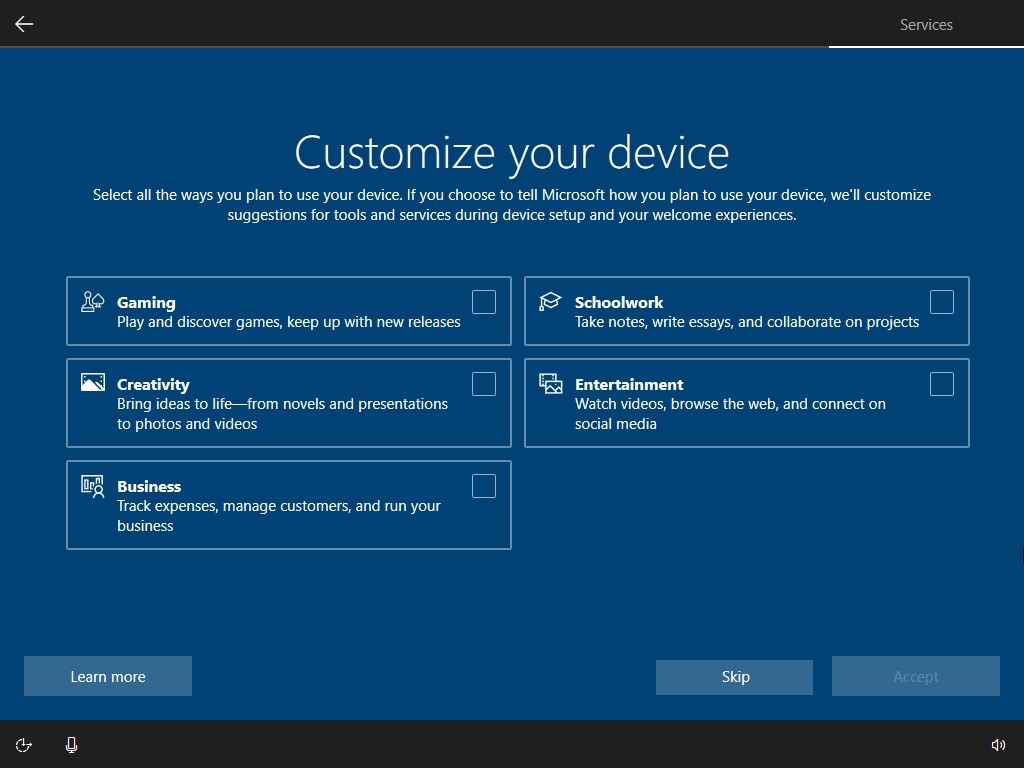 Windows 10 OOBE customize PC options