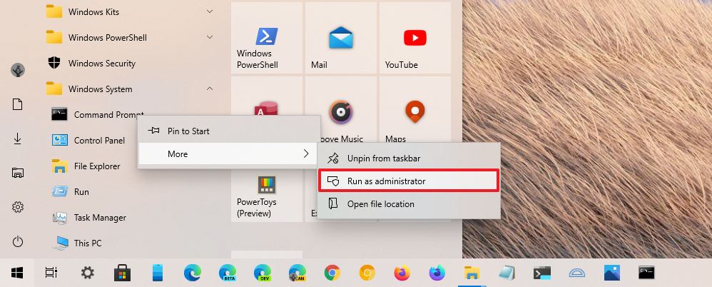 Start menu run Command Prompt as administrator