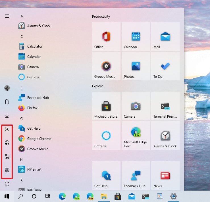 Windows 10 Start menu new icons