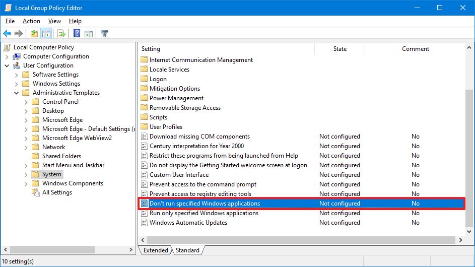 User Configuration system settings