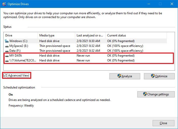 Windows 10 Optimize Drives advanced view option
