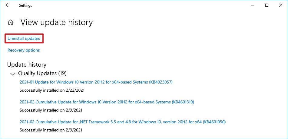 Windows 10 Uninstall updates option
