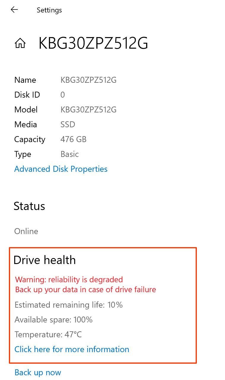 Storage health on Windows 10