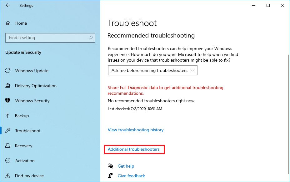 Additional Troubleshooters option