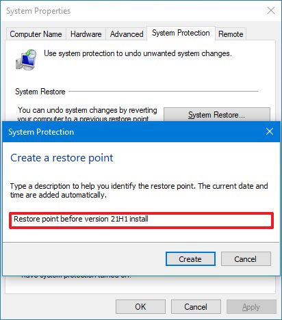 Create restore point before installing Windows 10 version 21H1