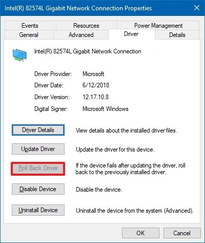 Windows 10 roll back network driver option