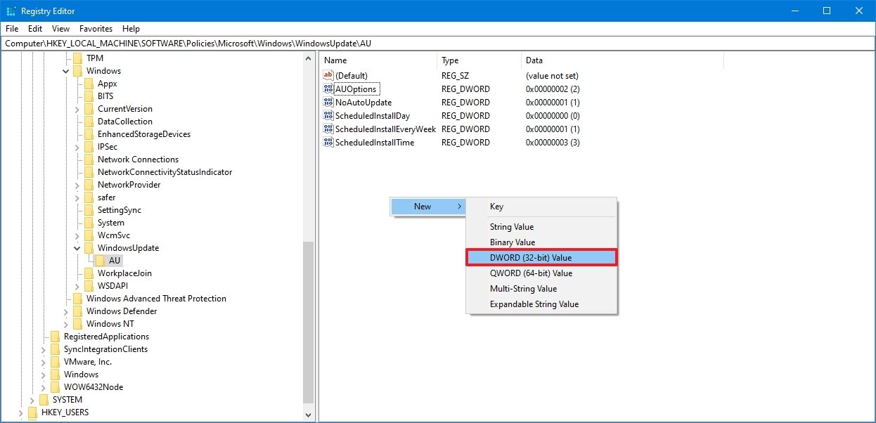 Windows 10 AUOptions registry key