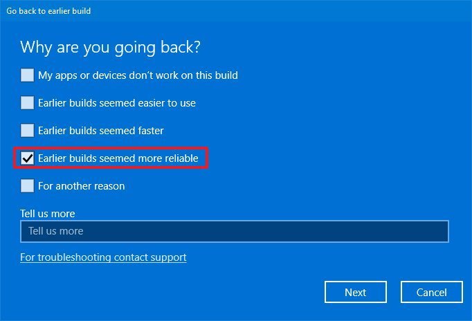 Rollback to previous version of Windows 10 reason