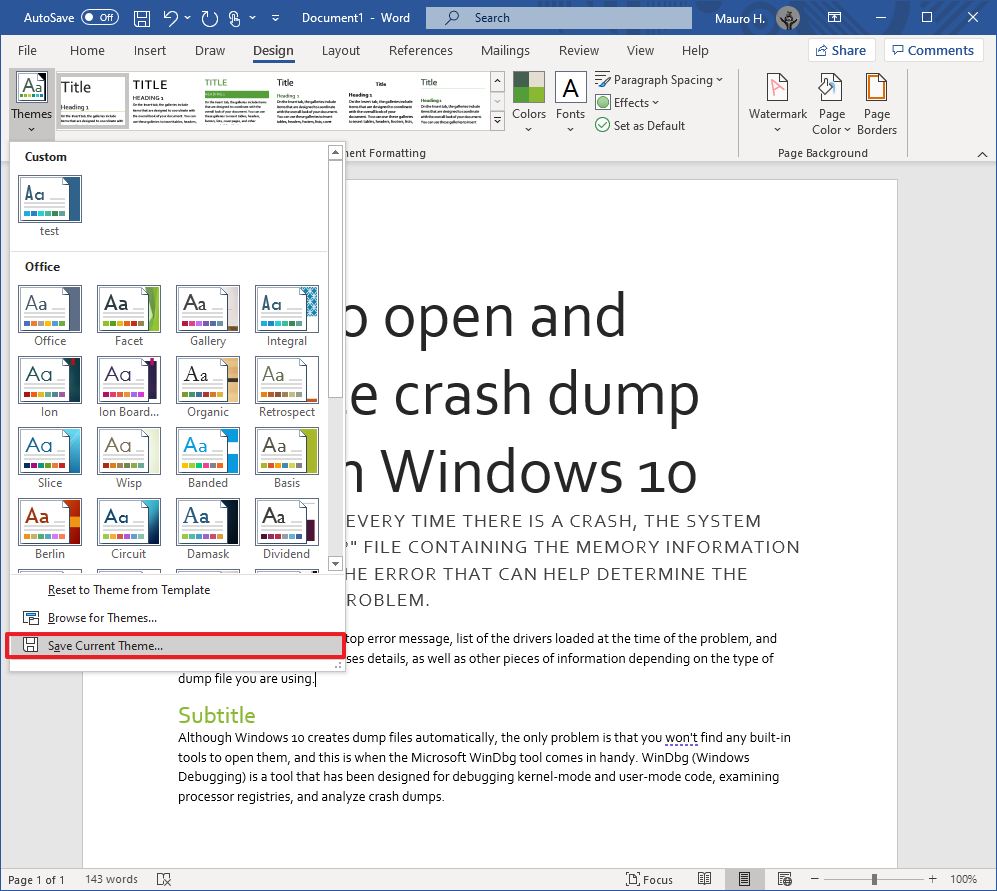 Microsoft Word save current theme