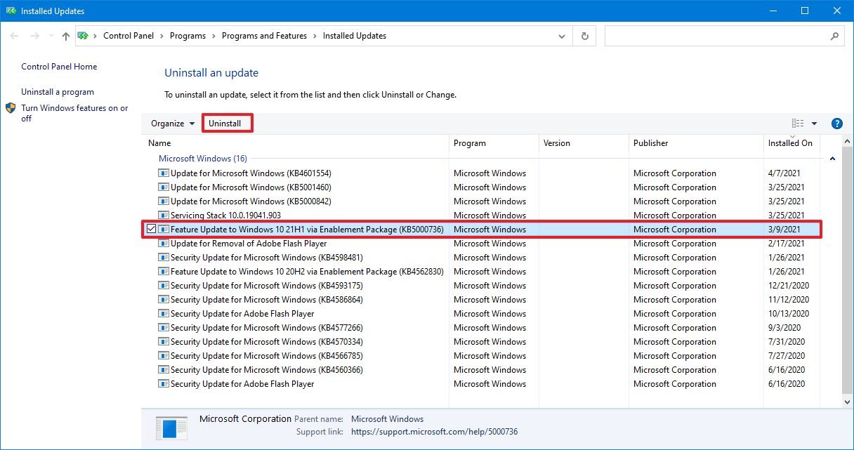 Uninstall Windows 10 version 21H1 enablement package
